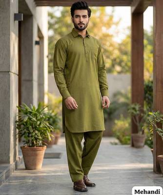 Mehendi cotton plain party wear kurta and payjama 1