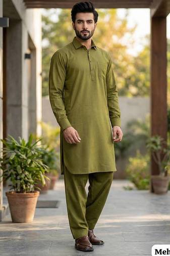 Mehendi cotton plain party wear kurta and payjama