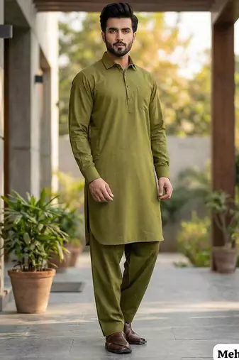 Mehendi cotton plain party wear kurta and payjama