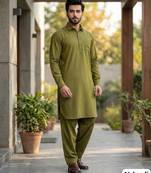 Mehendi cotton plain party wear kurta and payjama