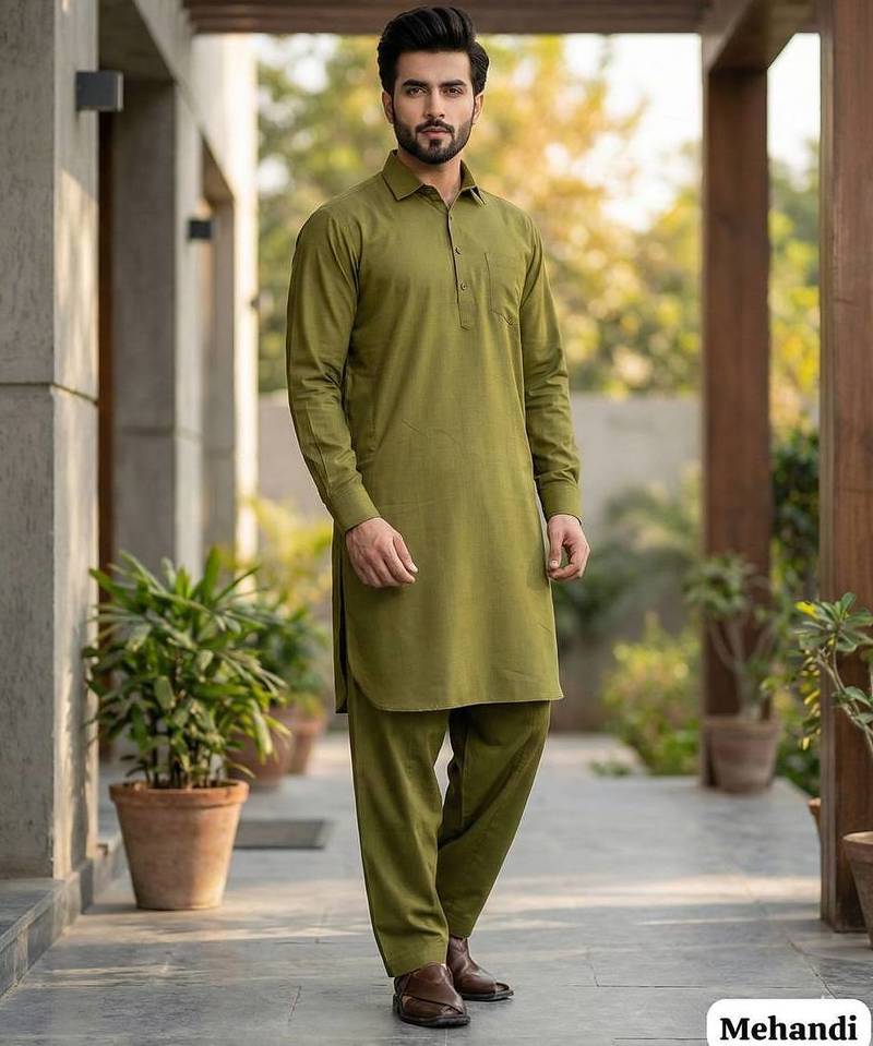 Mehendi cotton plain party wear kurta and payjama