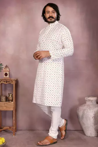 White sequence work and print kurta and payjama