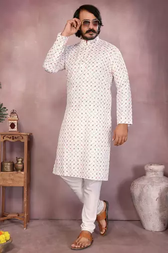 White sequence work and print kurta and payjama