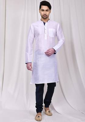 White art silk mens  kurta with churidar set 1