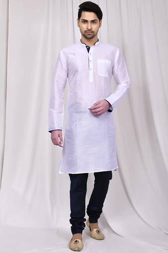 White art silk mens  kurta with churidar set