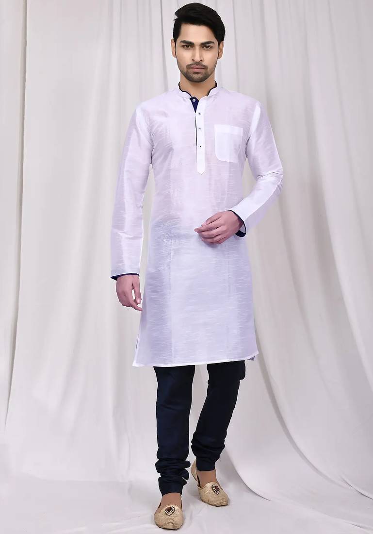 White art silk mens  kurta with churidar set