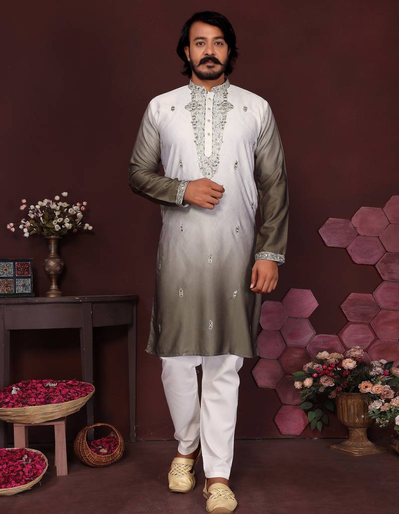 Mehendi cotton silk embroidery party wear kurta and payjama