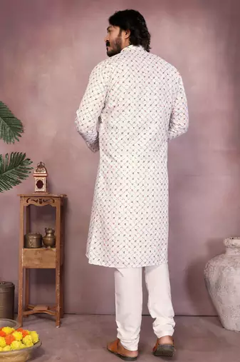 White sequence work and print kurta and payjama