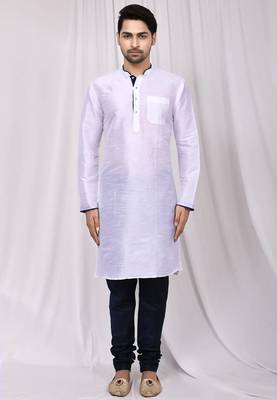 White art silk mens  kurta with churidar set 3