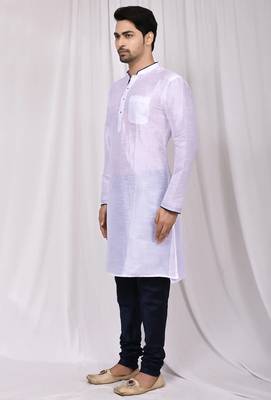 White art silk mens  kurta with churidar set 4