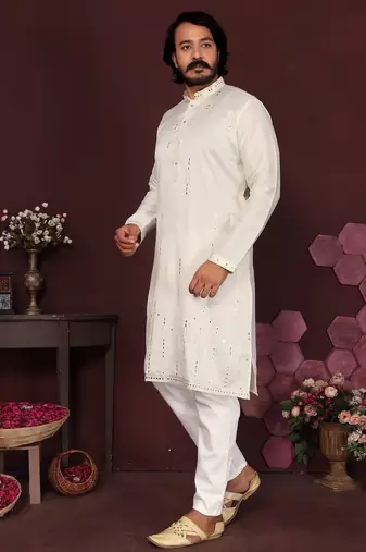 Cream smart silk embroidery party wear kurta and payjama