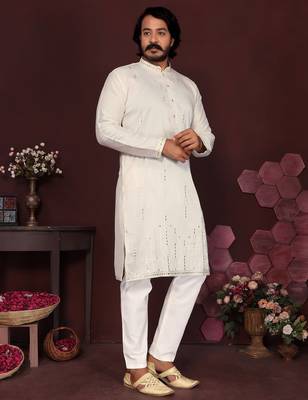 Cream smart silk embroidery party wear kurta and payjama 3