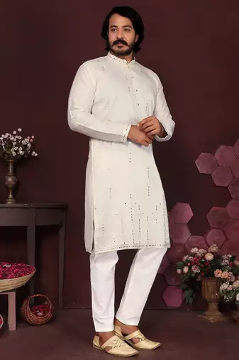 Cream smart silk embroidery party wear kurta and payjama