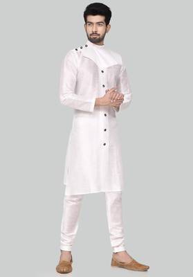 White art silk mens  kurta with churidar set 1