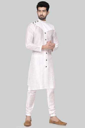 White art silk mens  kurta with churidar set