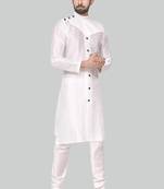 White art silk mens  kurta with churidar set
