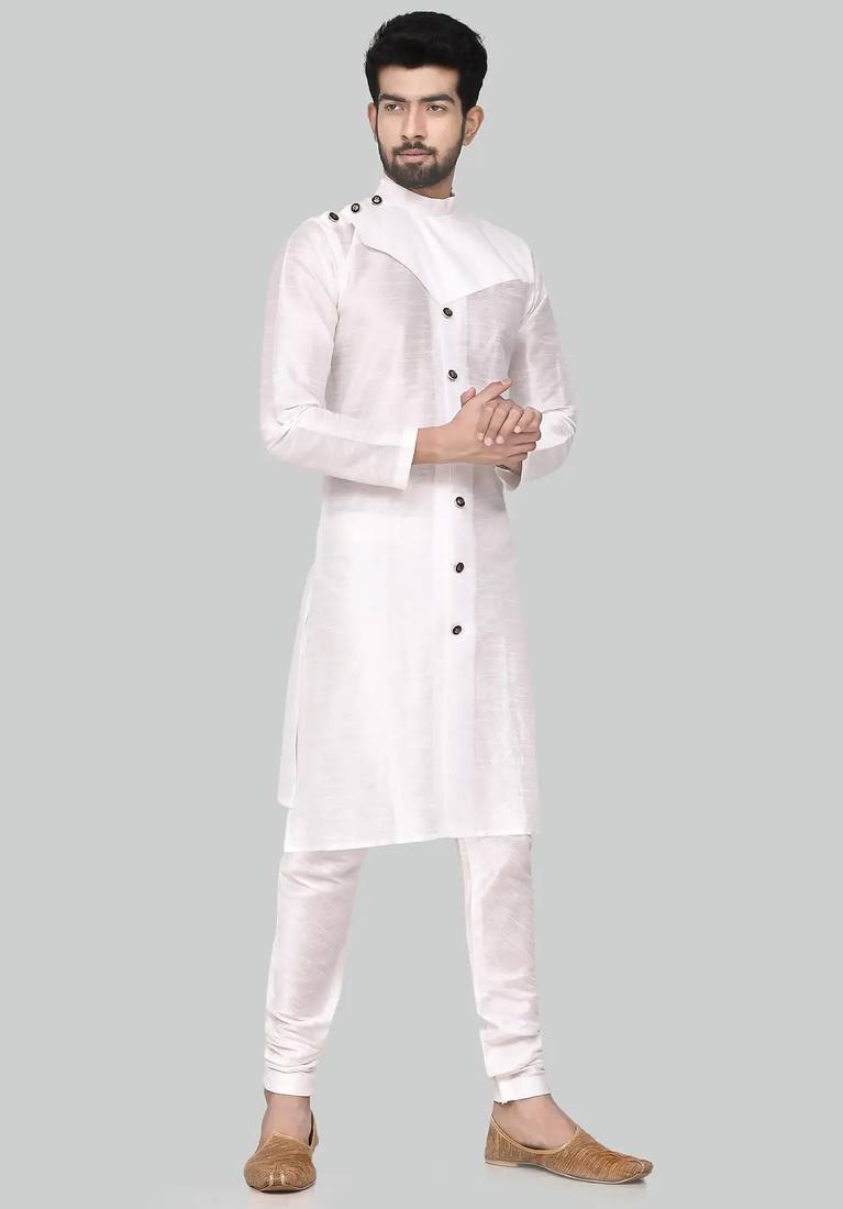 White art silk mens  kurta with churidar set