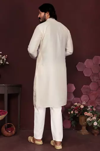 Cream smart silk embroidery party wear kurta and payjama
