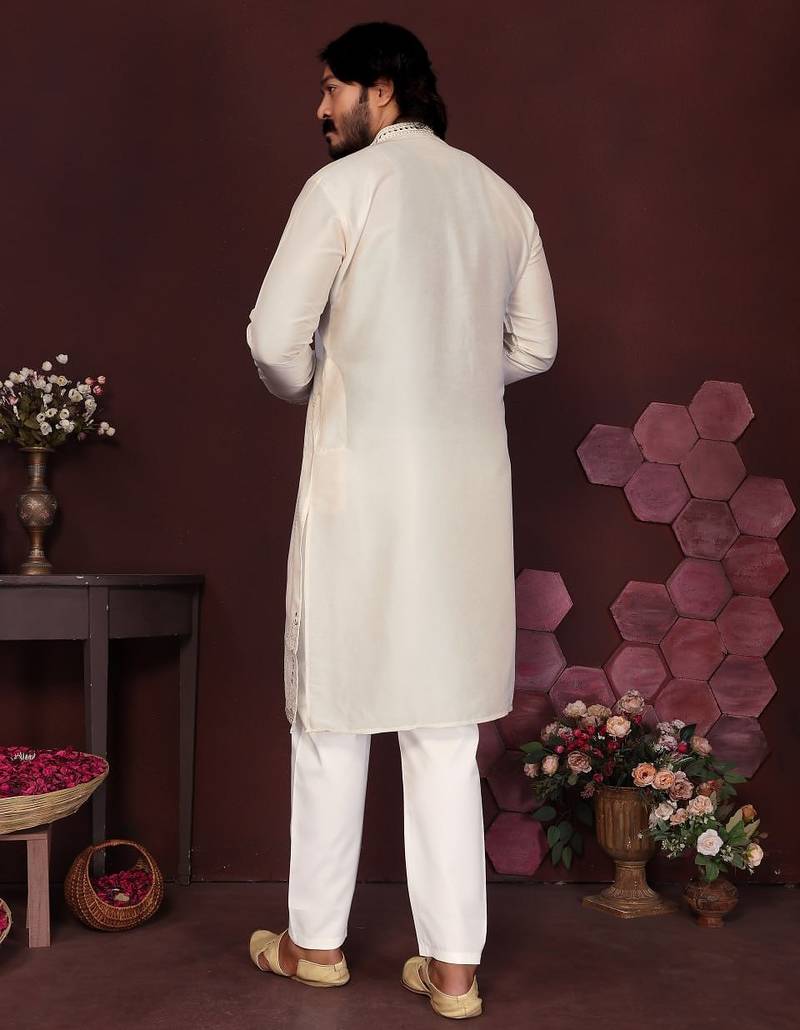 Cream smart silk embroidery party wear kurta and payjama