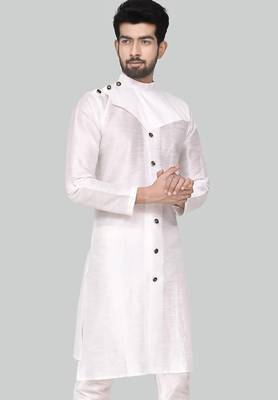 White art silk mens  kurta with churidar set 3