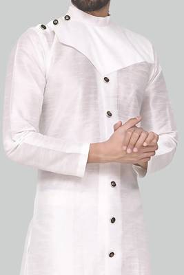 White art silk mens  kurta with churidar set 4