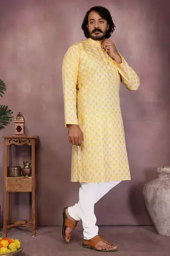 Yellow sequence work and print kurta and payjama