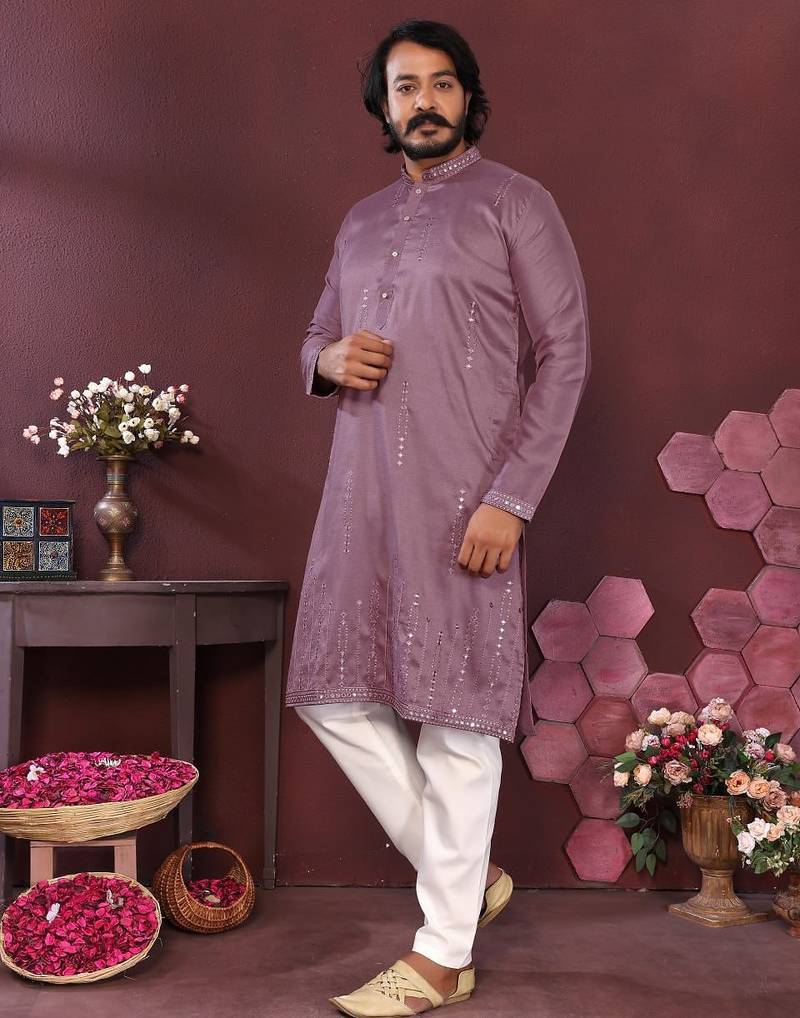 Peach smart silk embroidery party wear kurta and payjama