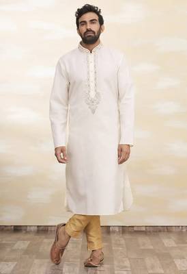 Cream art silk mens  kurta with churidar set 1