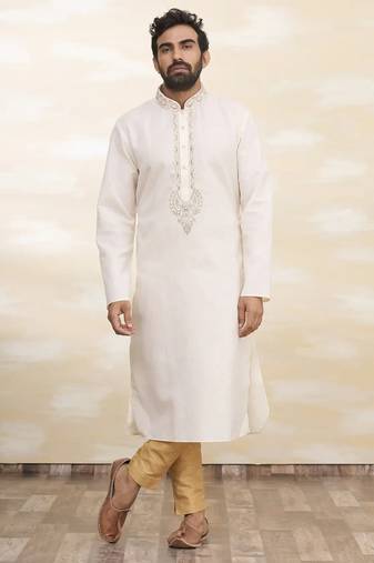 Cream art silk mens  kurta with churidar set