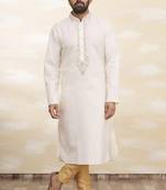 Cream art silk mens  kurta with churidar set