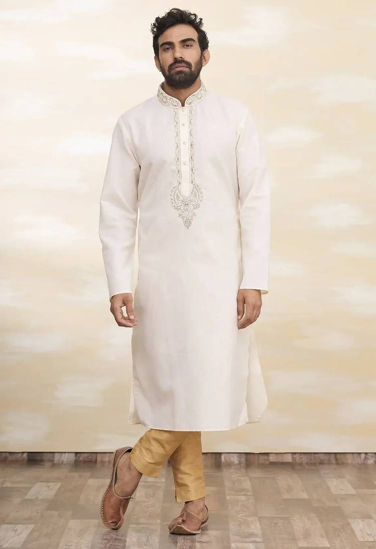 Cream art silk mens  kurta with churidar set