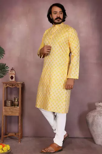Yellow sequence work and print kurta and payjama
