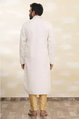 Cream art silk mens  kurta with churidar set 2