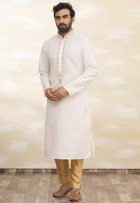 Cream art silk mens  kurta with churidar set 3