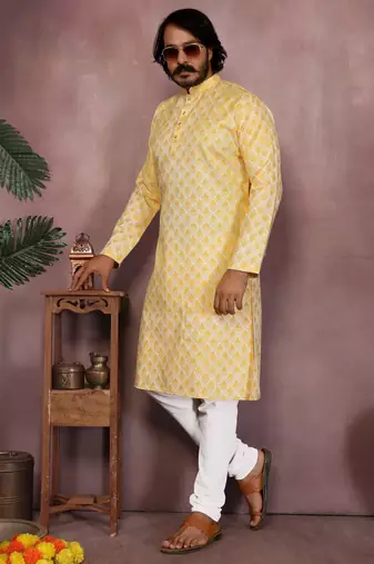 Yellow sequence work and print kurta and payjama