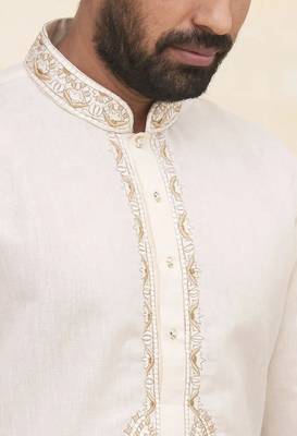 Cream art silk mens  kurta with churidar set 4