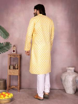 Yellow sequence work and print kurta and payjama 5