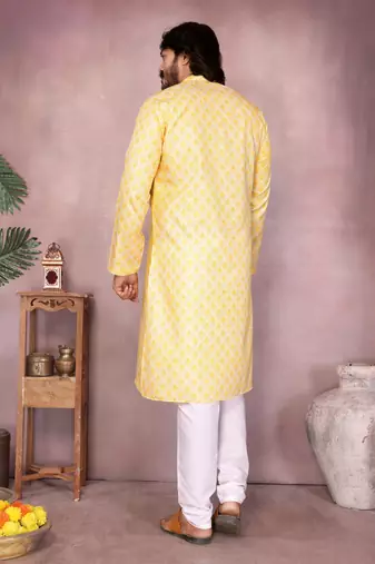 Yellow sequence work and print kurta and payjama