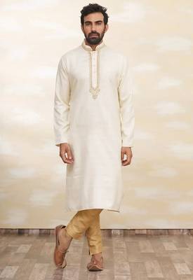 Cream art silk mens kurta with churidar set 1