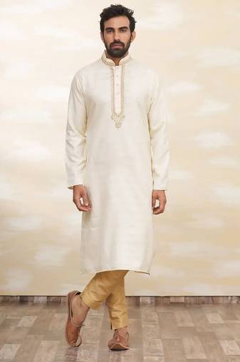 Cream art silk mens kurta with churidar set