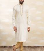 Cream art silk mens kurta with churidar set