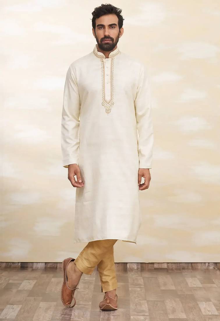 Cream art silk mens kurta with churidar set