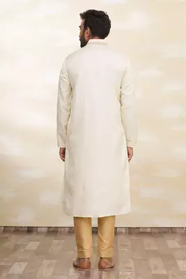 Cream art silk mens kurta with churidar set 2