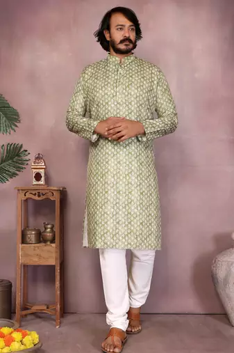 Green sequence work and print kurta and payjama