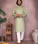 Green sequence work and print kurta and payjama