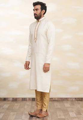 Cream art silk mens kurta with churidar set 3