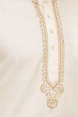 Cream art silk mens kurta with churidar set 4