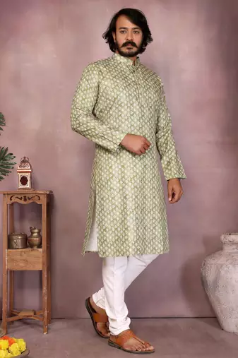 Green sequence work and print kurta and payjama