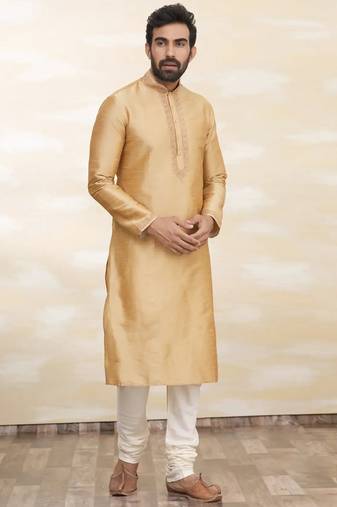 Gold art silk mens  kurta with churidar set