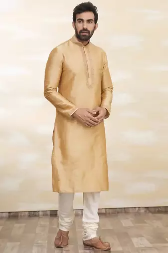 Gold art silk mens  kurta with churidar set